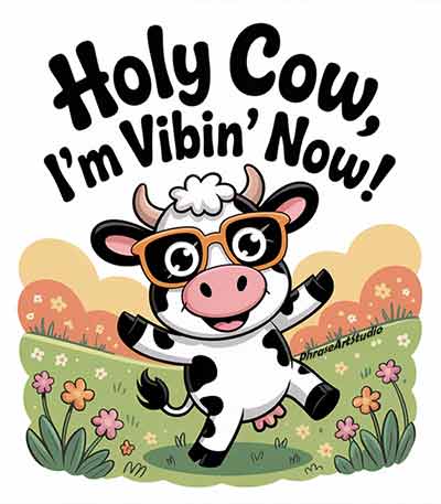 Happy cartoon cow wearing sunglasses with Holy Cow I’m Vibin’ Now text, cute cow art for mugs and shirts, PhraseArtStudio funny cow design