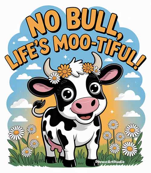 Cute cartoon cow with daisy crown and No Bull Life’s Moo-tiful text, cheerful cow art for mugs and t-shirts, happy cow design by PhraseArtStudio
