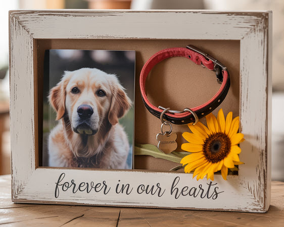 Pet memorial shadow box featuring a photo of a golden retriever, red collar with name tag, and sunflower, displayed in a rustic white frame with 'forever in our hearts' written on the front - a touching tribute to a beloved dog