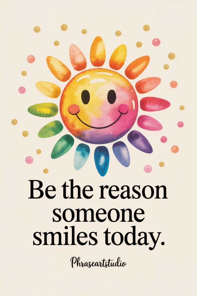Colorful watercolor smiling sun illustration with rainbow rays and happy face. Uplifting quote reads “Be the reason someone smiles today” in bold black font. Positive, cheerful artwork ideal for growth quotes, positivity quotes, and inspirational Pinterest content by PhraseArtStudio.