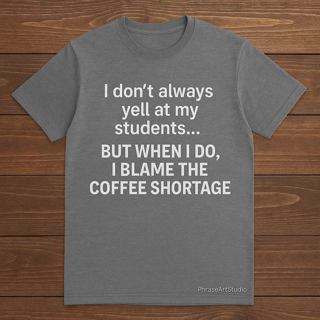 Heather gray teacher t-shirt laid flat on a wooden background with bold white text that reads, "I don’t always yell at my students… BUT WHEN I DO, I BLAME THE COFFEE SHORTAGE." PhraseArtStudio branding appears at the bottom right of the shirt. Perfect for teacher appreciation gifts, coffee-loving educators, and humorous classroom outfits. Designed for comfort and personality, this shirt is ideal for casual Fridays and teacher gift ideas.