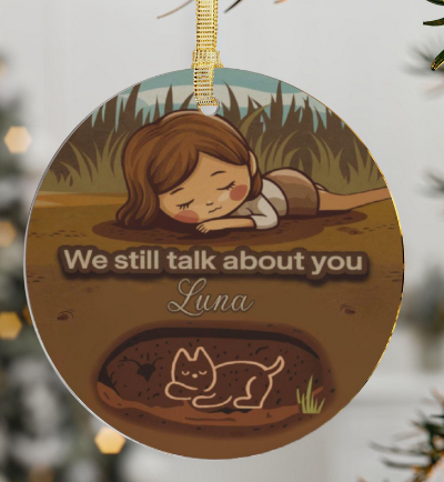 A round acrylic cat memorial ornament hangs on a Christmas tree, showing a girl laying on the ground above a softly illustrated outline of her cat. The words “We still talk about you – Luna” are featured, symbolizing grief, remembrance, and emotional healing after pet loss. Ideal keepsake gift for honoring a deceased cat, offering comfort and support to those mourning a furry companion.