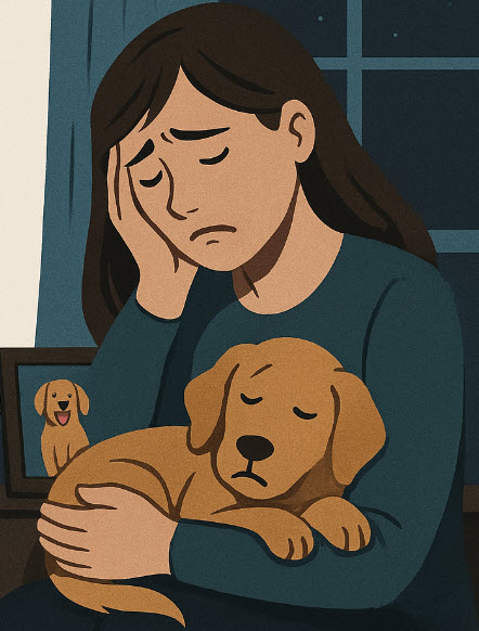 A grieving woman holds her deceased puppy in her arms, sitting by a window under a night sky. Her face shows deep sorrow, capturing the emotional weight of losing a pet. A framed photo of the dog during happier times sits nearby. This image symbolizes the pain of pet bereavement, the emotional bond between owner and animal, and the grief from losing a furry companion who offered daily comfort, love, and support.
