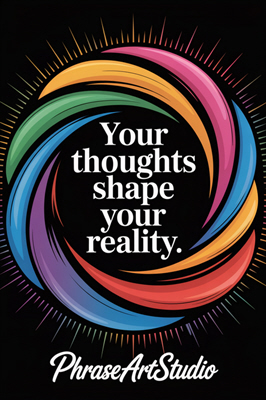 Vibrant rainbow swirl design on black background with bold white quote: “Your thoughts shape your reality.” Modern motivational art by PhraseArtStudio.