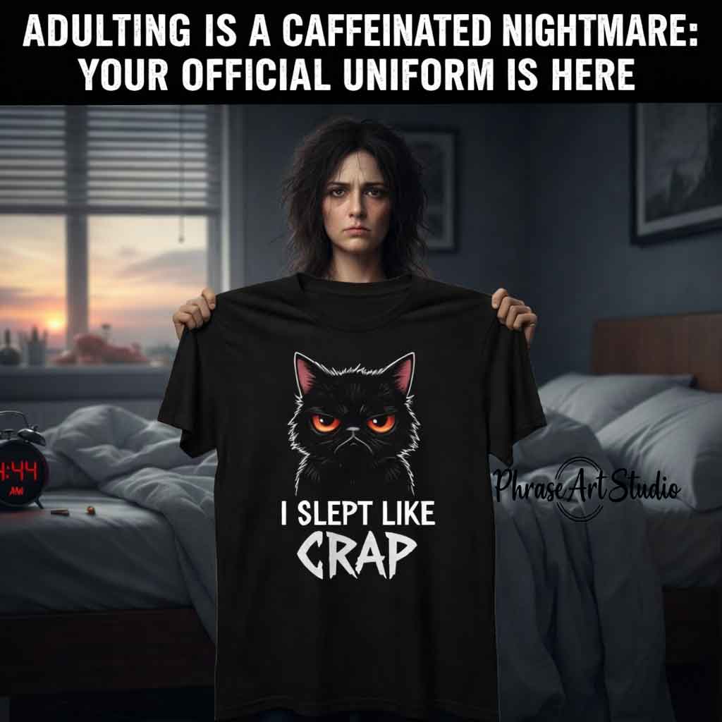 A tired woman stands in a messy bedroom at sunrise, holding a black T-shirt with an angry black cat graphic and the text “I SLEPT LIKE CRAP,” while a 4:44 AM alarm clock glows on the nightstand.