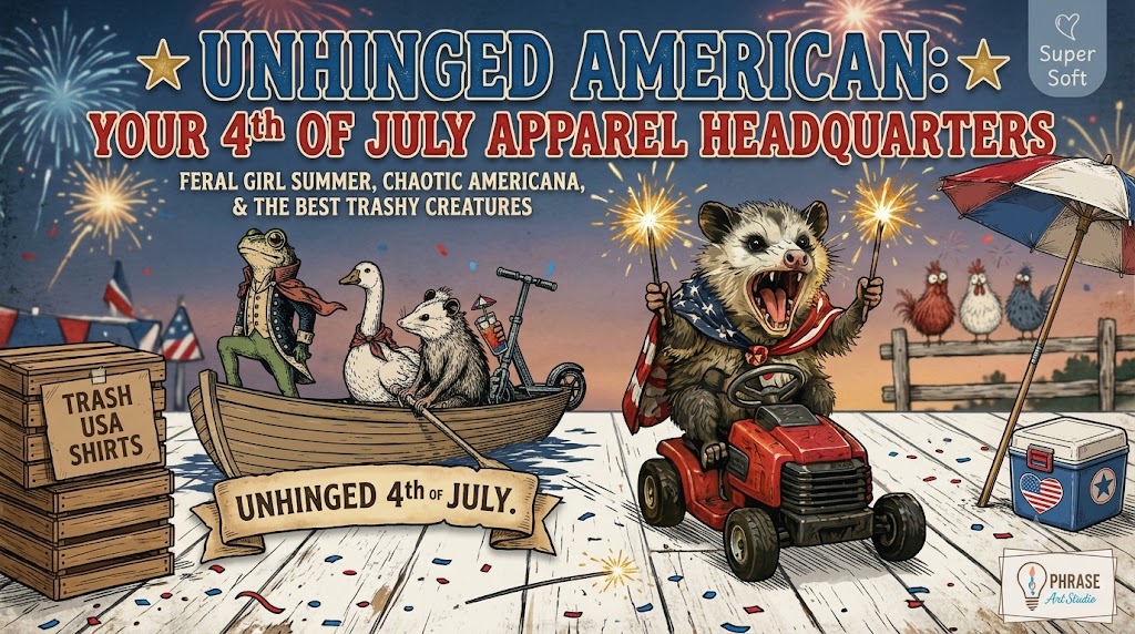 Unhinged 4th of July shirt collection blog banner featuring a screaming opossum holding sparklers on a lawn mower, a frog and goose crossing the Delaware, and startled chickens under fireworks. Includes Phrase Art Studio logo and text reading Chaotic Americana Trash USA Shirts.