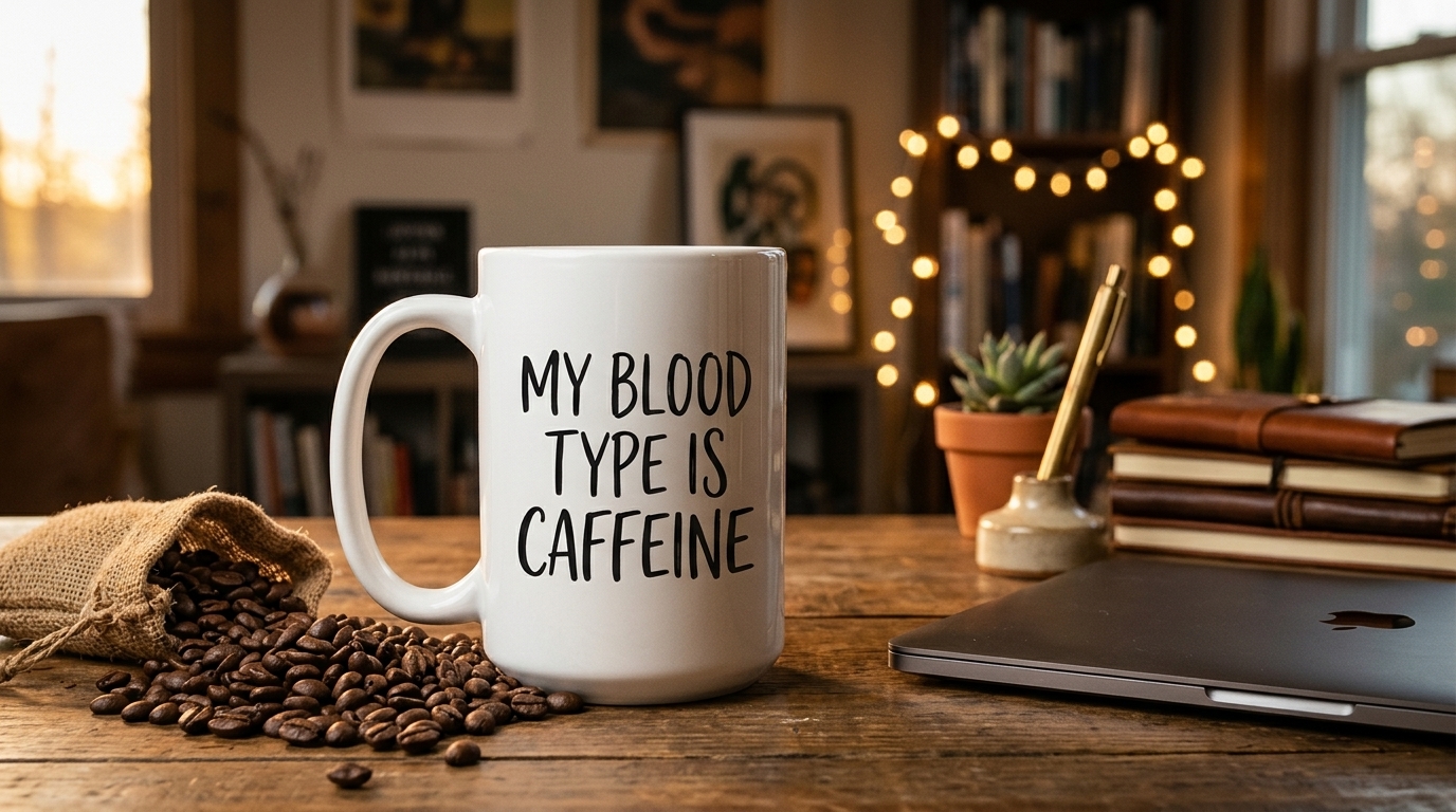 Large 20oz custom ceramic coffee mug on a rustic wooden desk next to coffee beans and a laptop